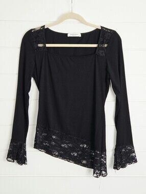 Good Days Project Black Lace-Trim Square Neck Long Sleeve Top  Size L